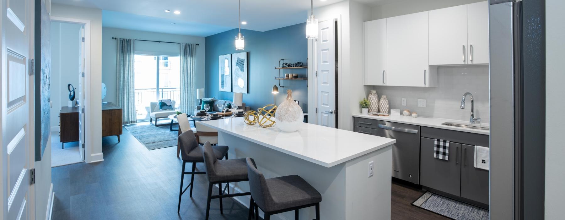 a kitchen with a dining table
