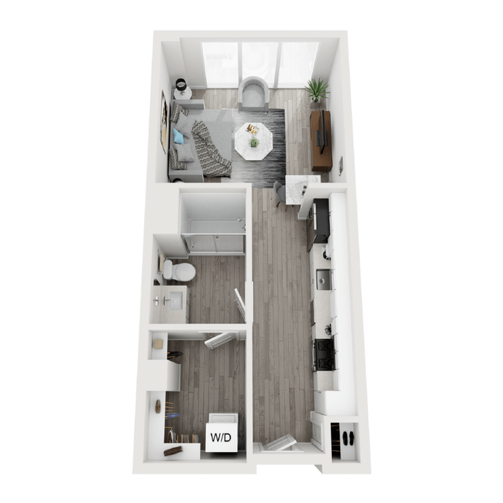 A 3D image of the S1 floorplan, a 512 squarefoot, 1 bed / 1 bath unit