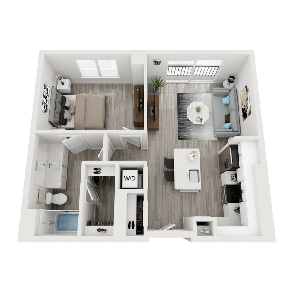 A 3D image of the A2 floorplan, a 685 squarefoot, 1 bed / 1 bath unit