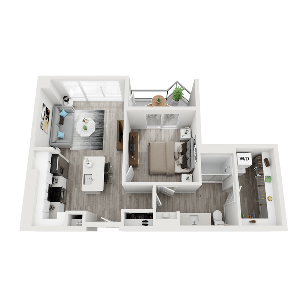 A 3D image of the A4 floorplan, a 711 squarefoot, 1 bed / 1 bath unit