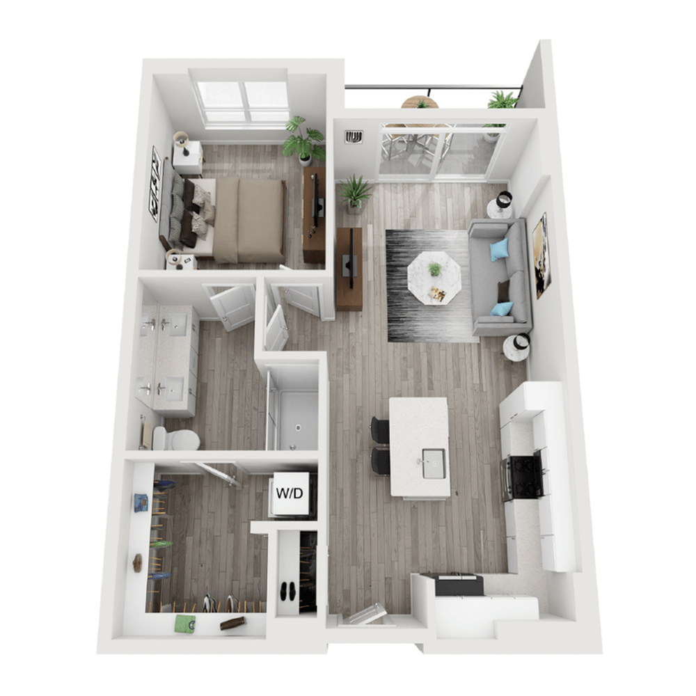 A 3D image of the A7 floorplan, a 771 squarefoot, 1 bed / 1 bath unit