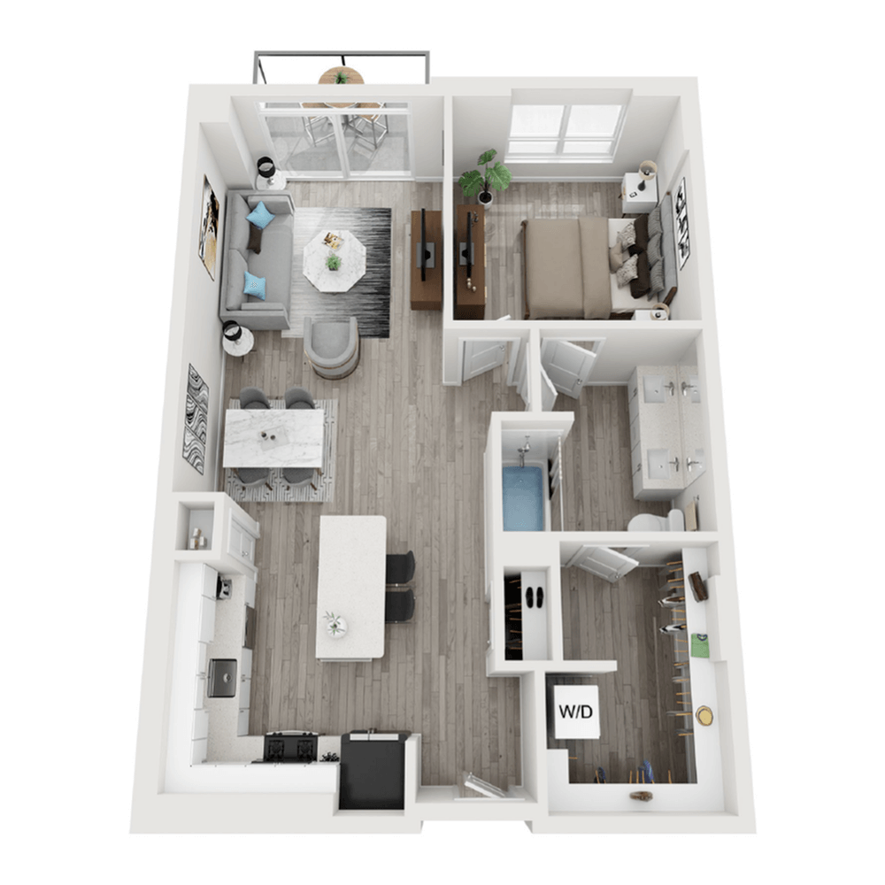 A 3D image of the A9 floorplan, a 866 squarefoot, 1 bed / 1 bath unit