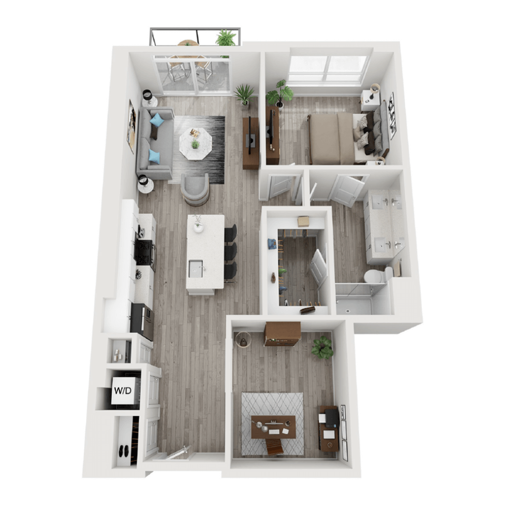 A 3D image of the A12 floorplan, a 990 squarefoot, 1 bed / 1 bath unit