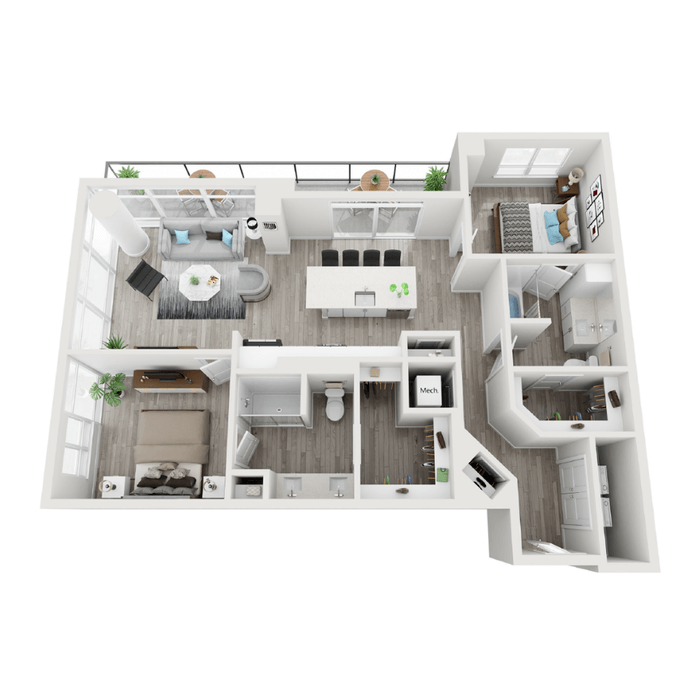 A 3D image of the B4 floorplan, a 1207 squarefoot, 2 bed / 2 bath unit