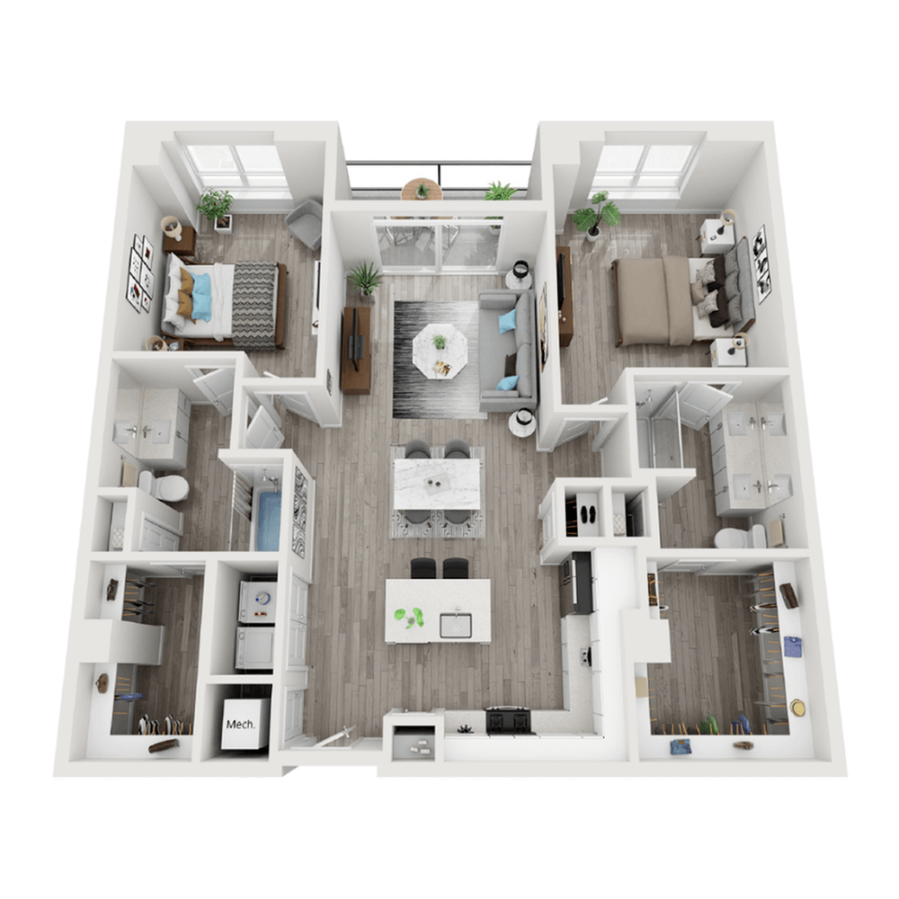 A 3D image of the B6 floorplan, a 1233 squarefoot, 2 bed / 2 bath unit
