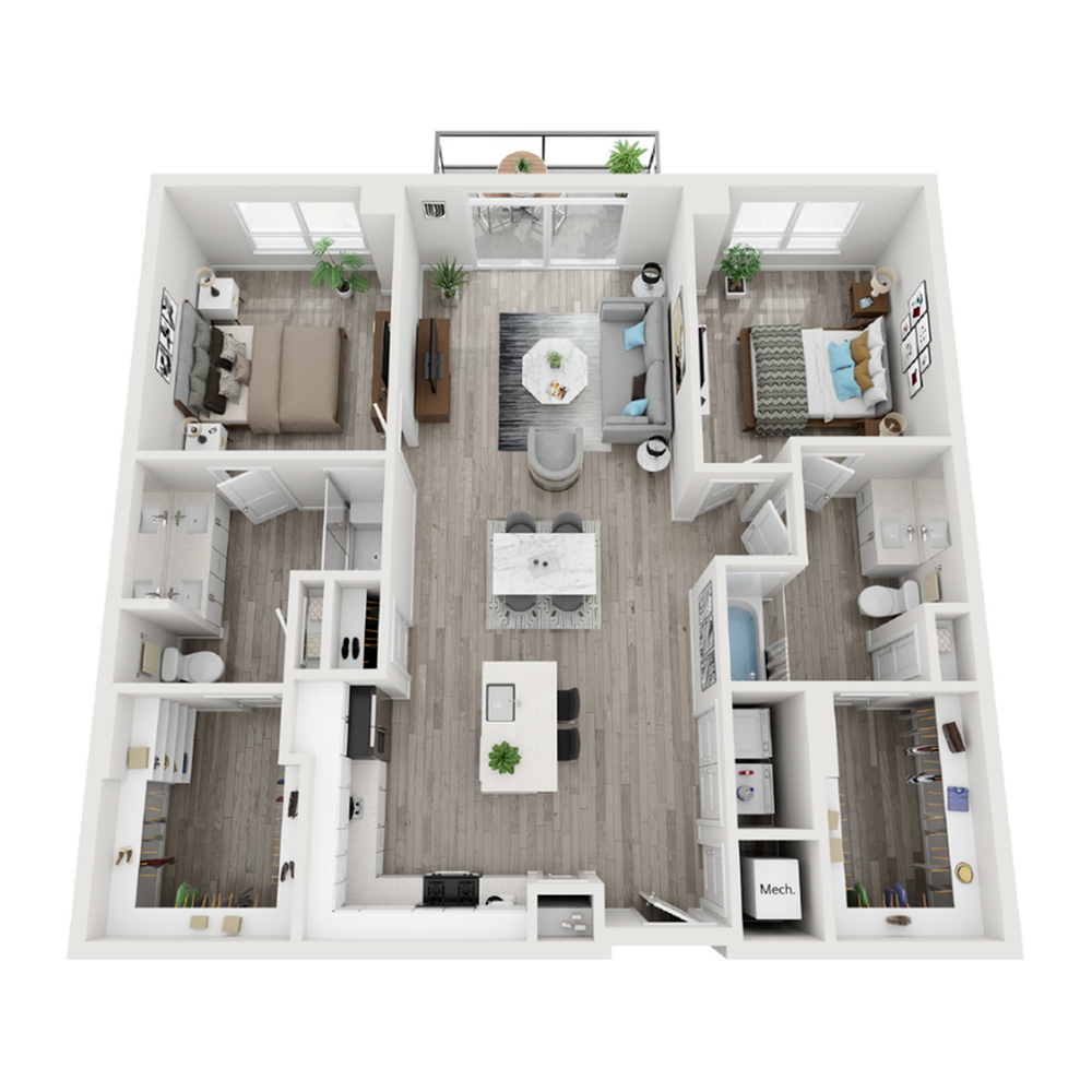 A 3D image of the B7 floorplan, a 1269 squarefoot, 2 bed / 2 bath unit