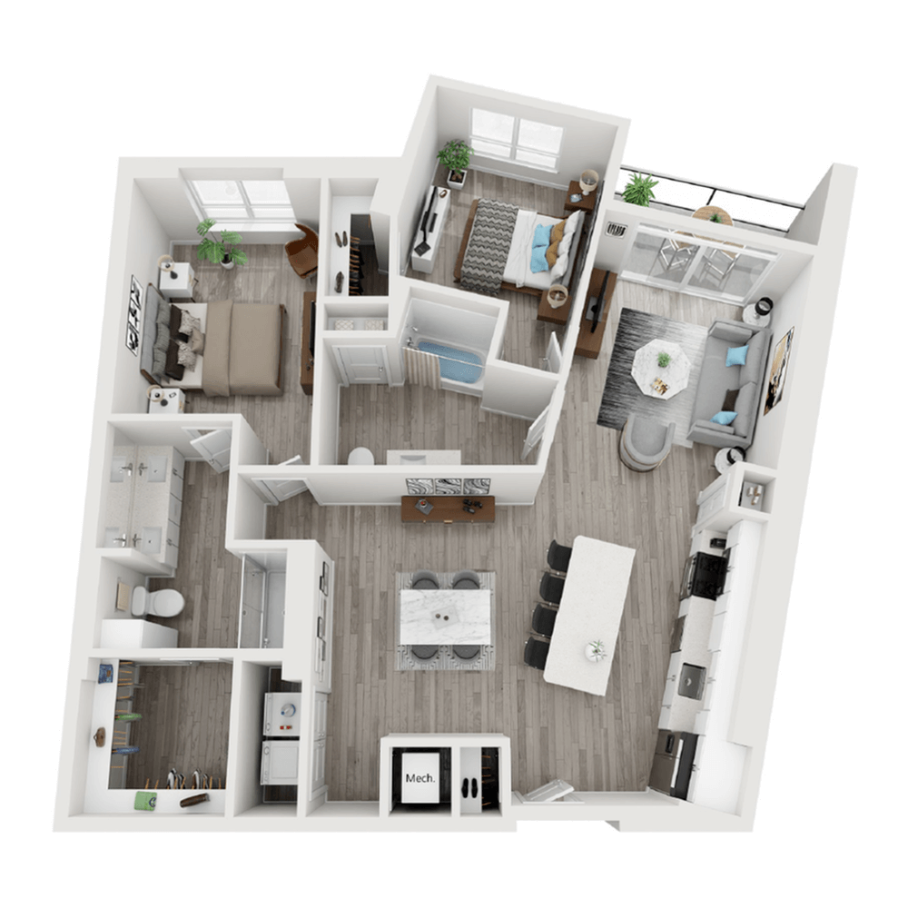 A 3D image of the B8 floorplan, a 1292 squarefoot, 2 bed / 2 bath unit