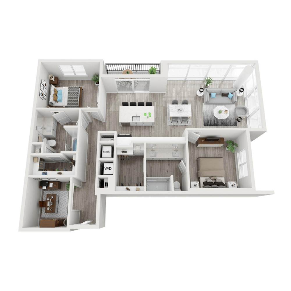 A 3D image of the B9 floorplan, a 1404 squarefoot, 2 bed / 2 bath unit