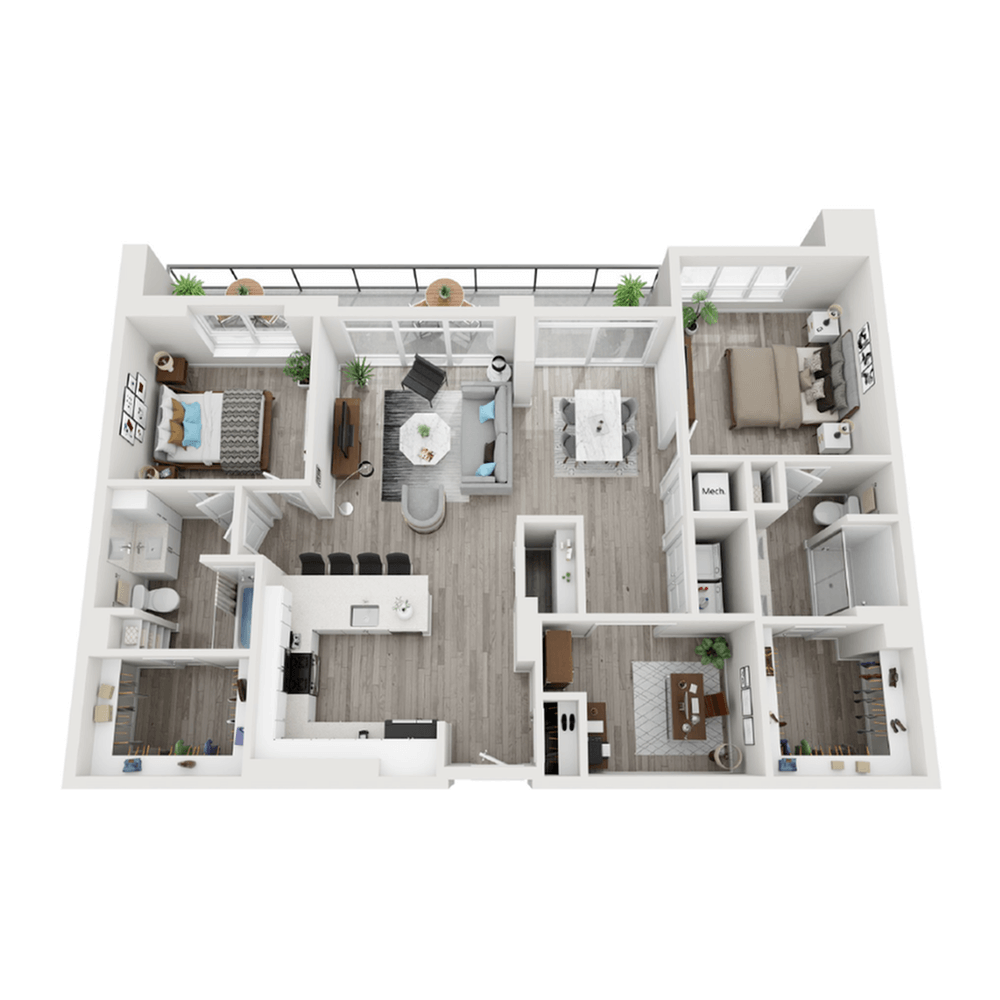 A 3D image of the B10 floorplan, a 1410 squarefoot, 2 bed / 2 bath unit