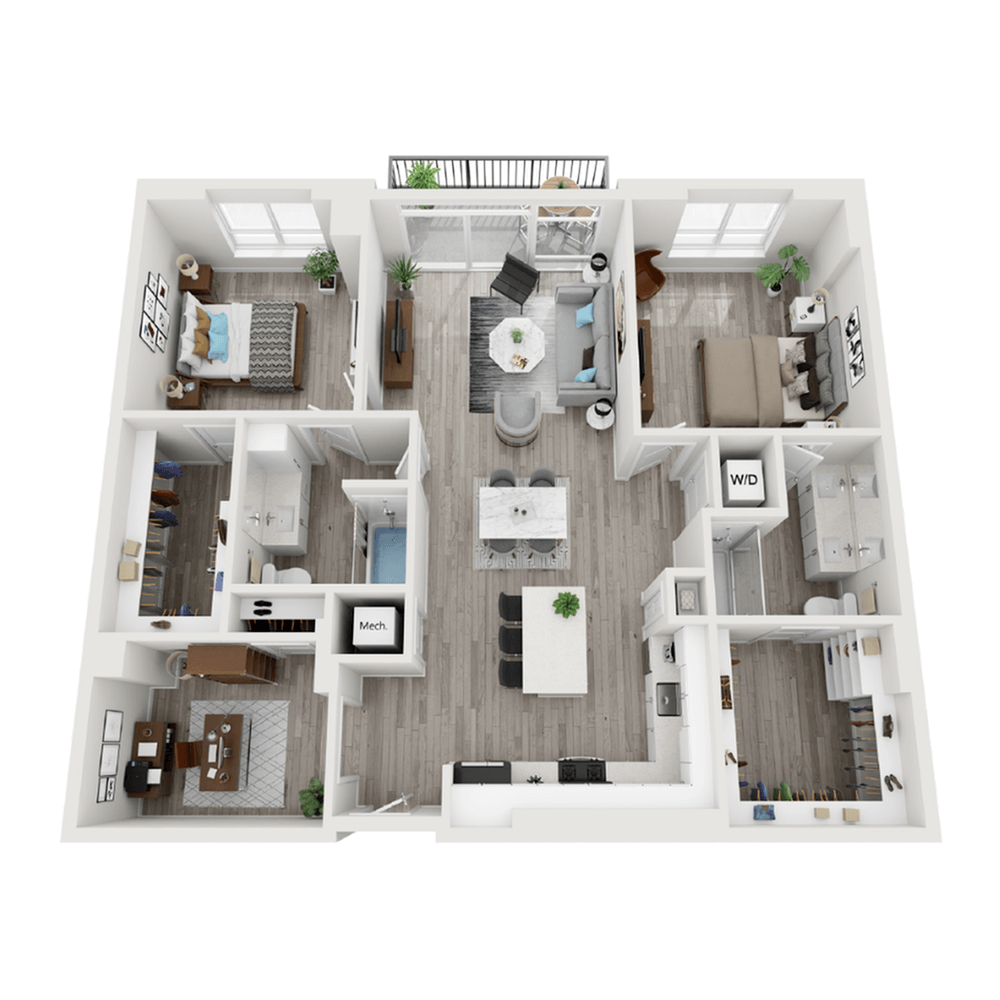 A 3D image of the B11 floorplan, a 1420 squarefoot, 2 bed / 2 bath unit