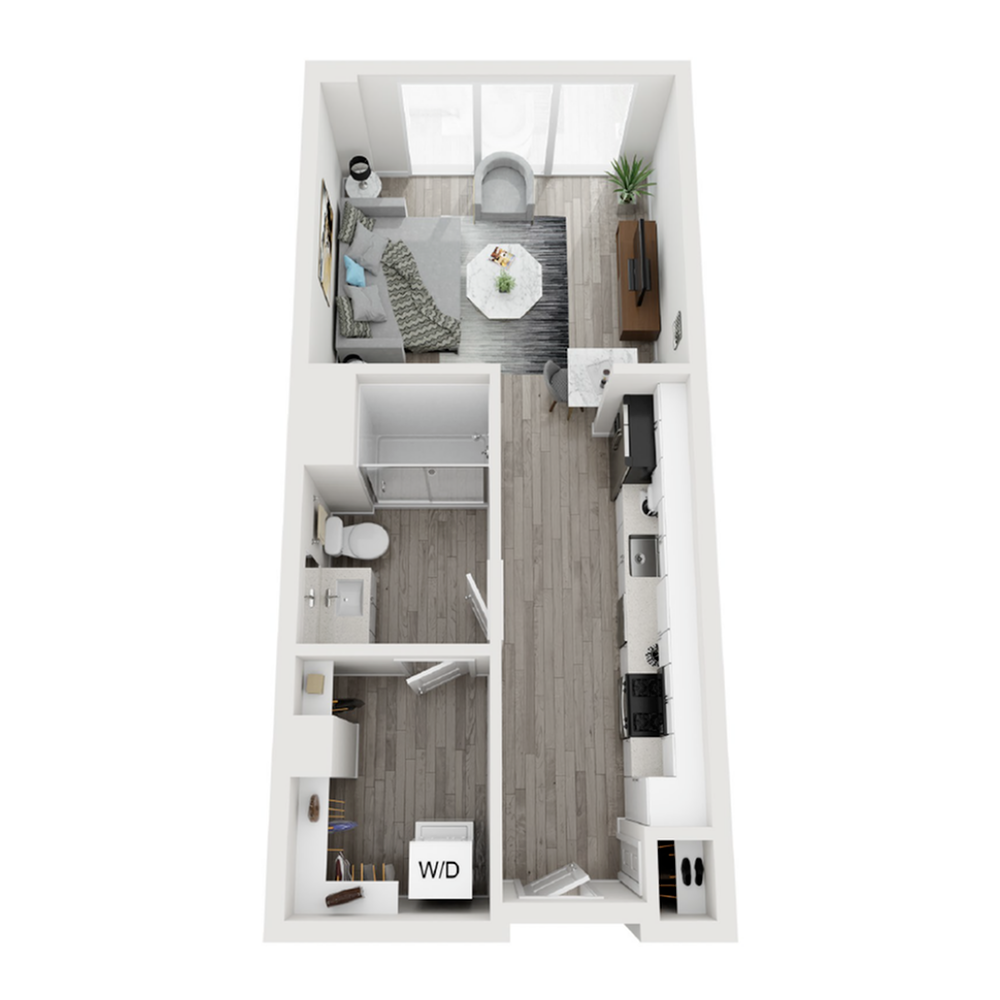 A 3D image of the S1 floorplan, a 512 squarefoot, 1 bed / 1 bath unit