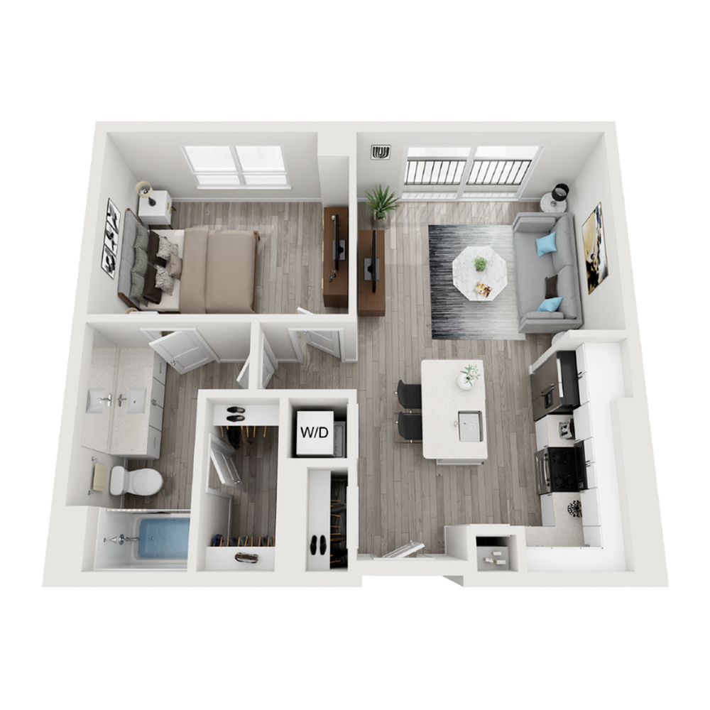 A 3D image of the A2 floorplan, a 685 squarefoot, 1 bed / 1 bath unit