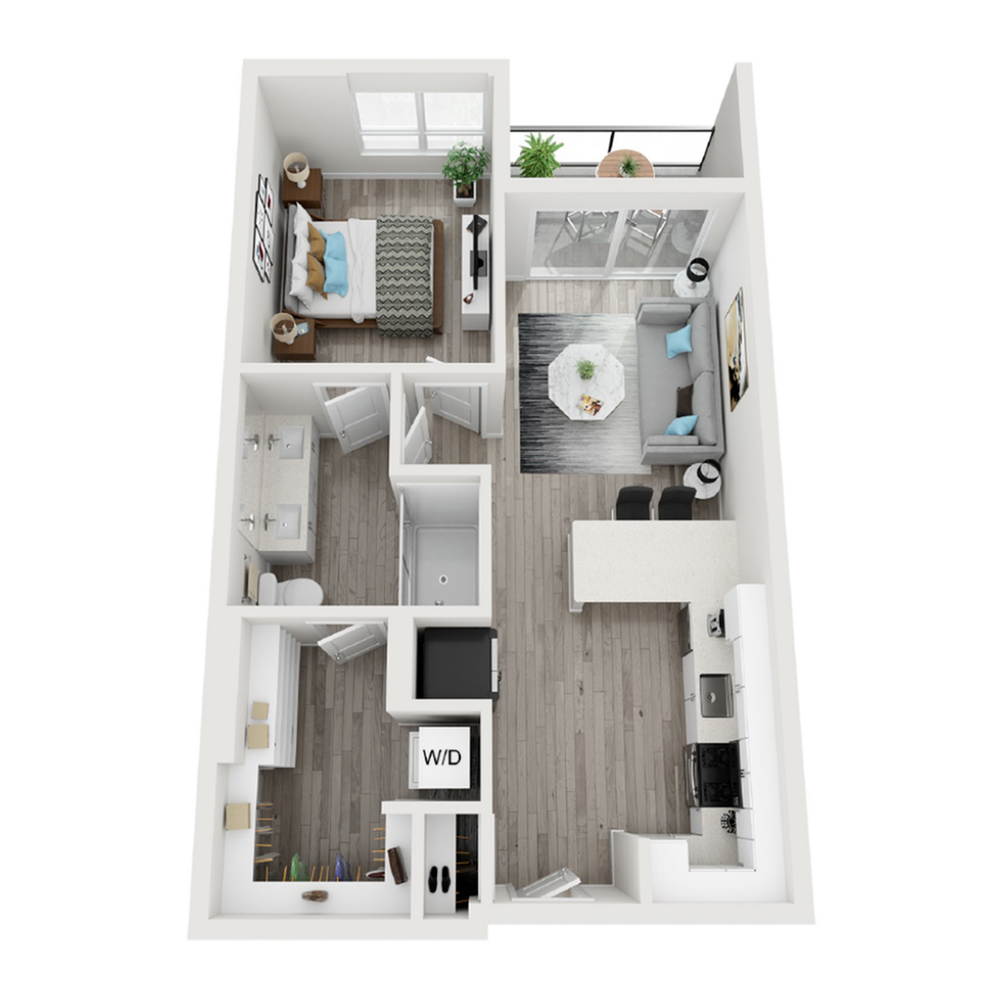 A 3D image of the A3 floorplan, a 692 squarefoot, 1 bed / 1 bath unit