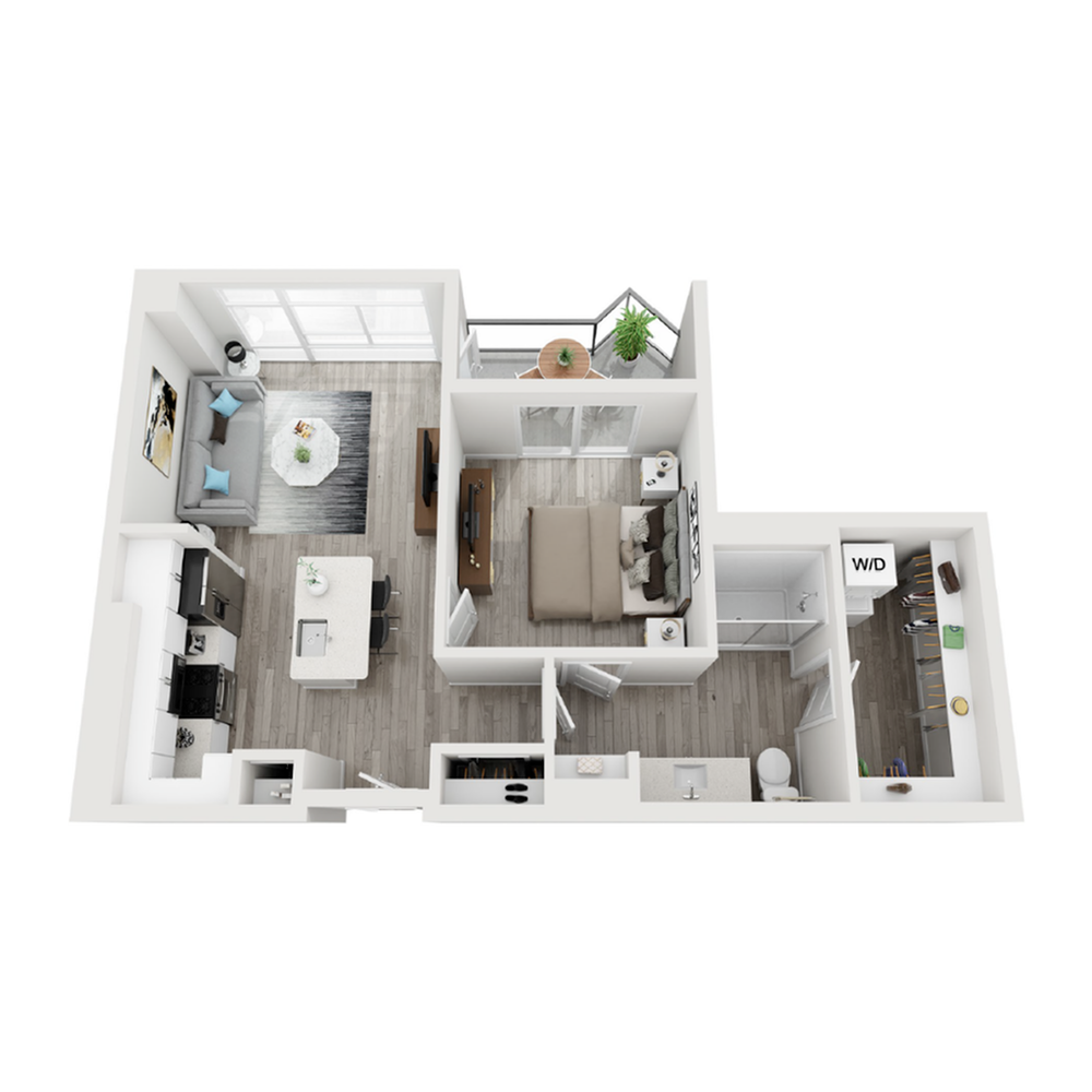 A 3D image of the A4 floorplan, a 711 squarefoot, 1 bed / 1 bath unit