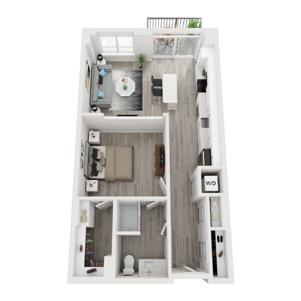 A 3D image of the A5 floorplan, a 737 squarefoot, 1 bed / 1 bath unit