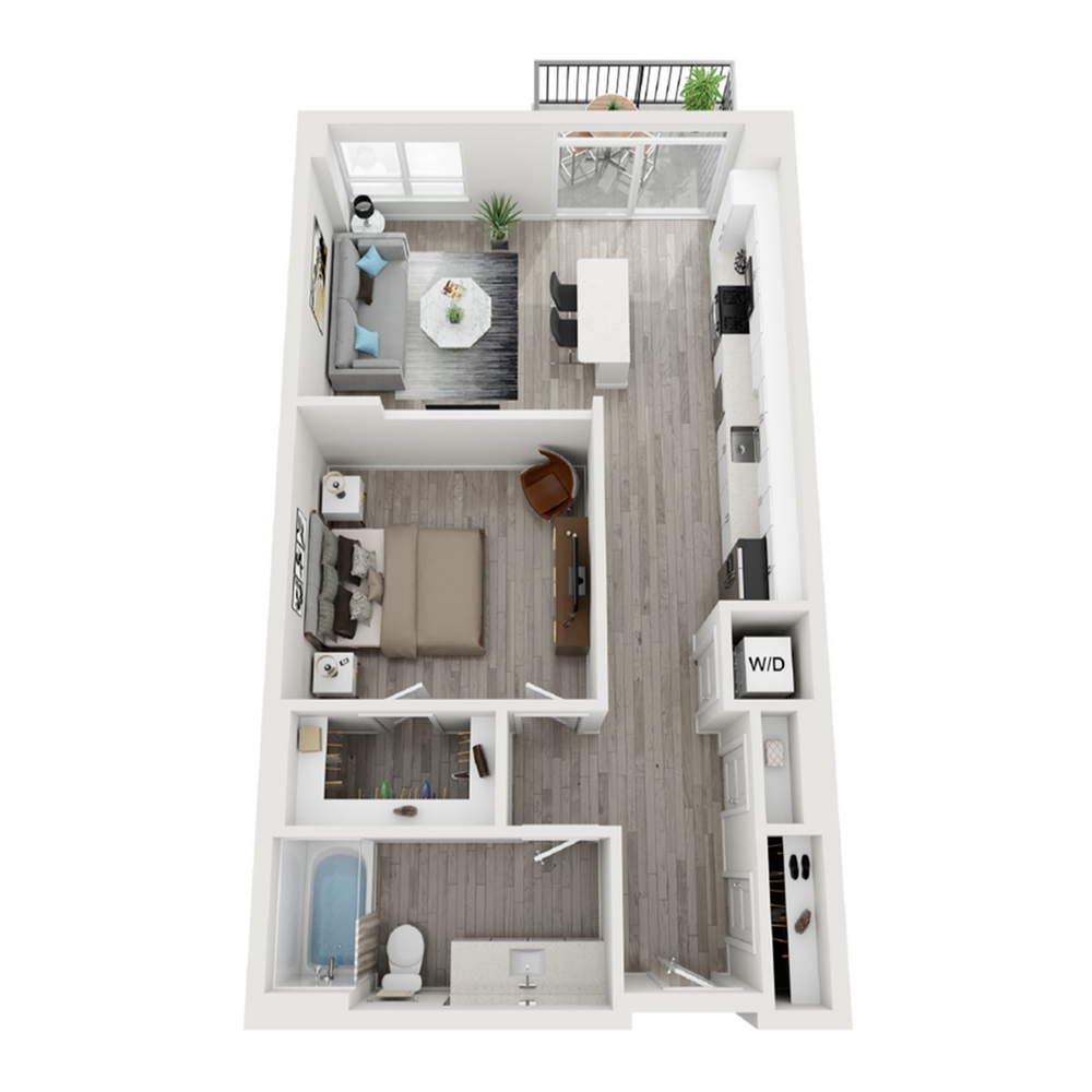 A 3D image of the A5.1 floorplan, a 783 squarefoot, 1 bed / 1 bath unit