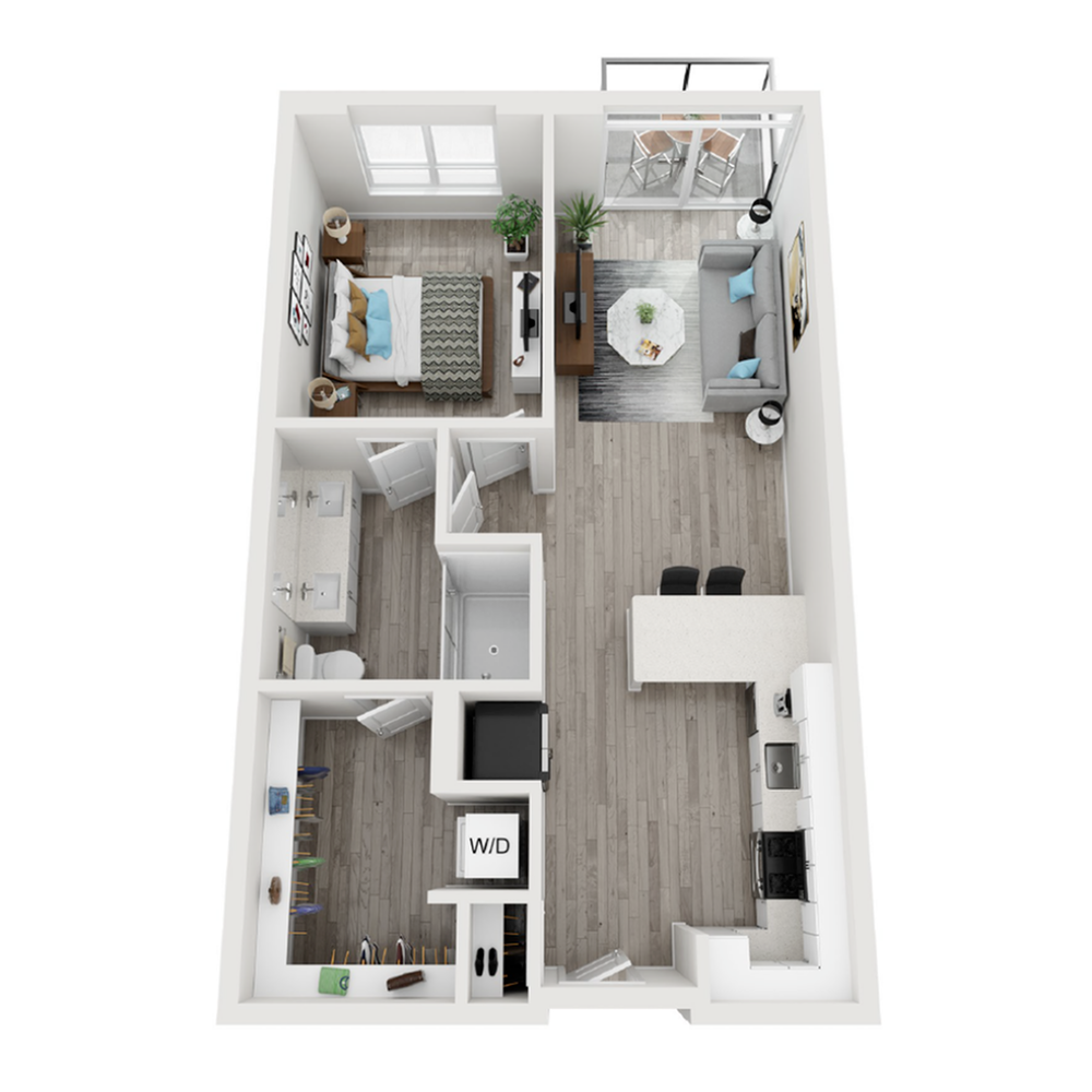 A 3D image of the A6 floorplan, a 736 squarefoot, 1 bed / 1 bath unit