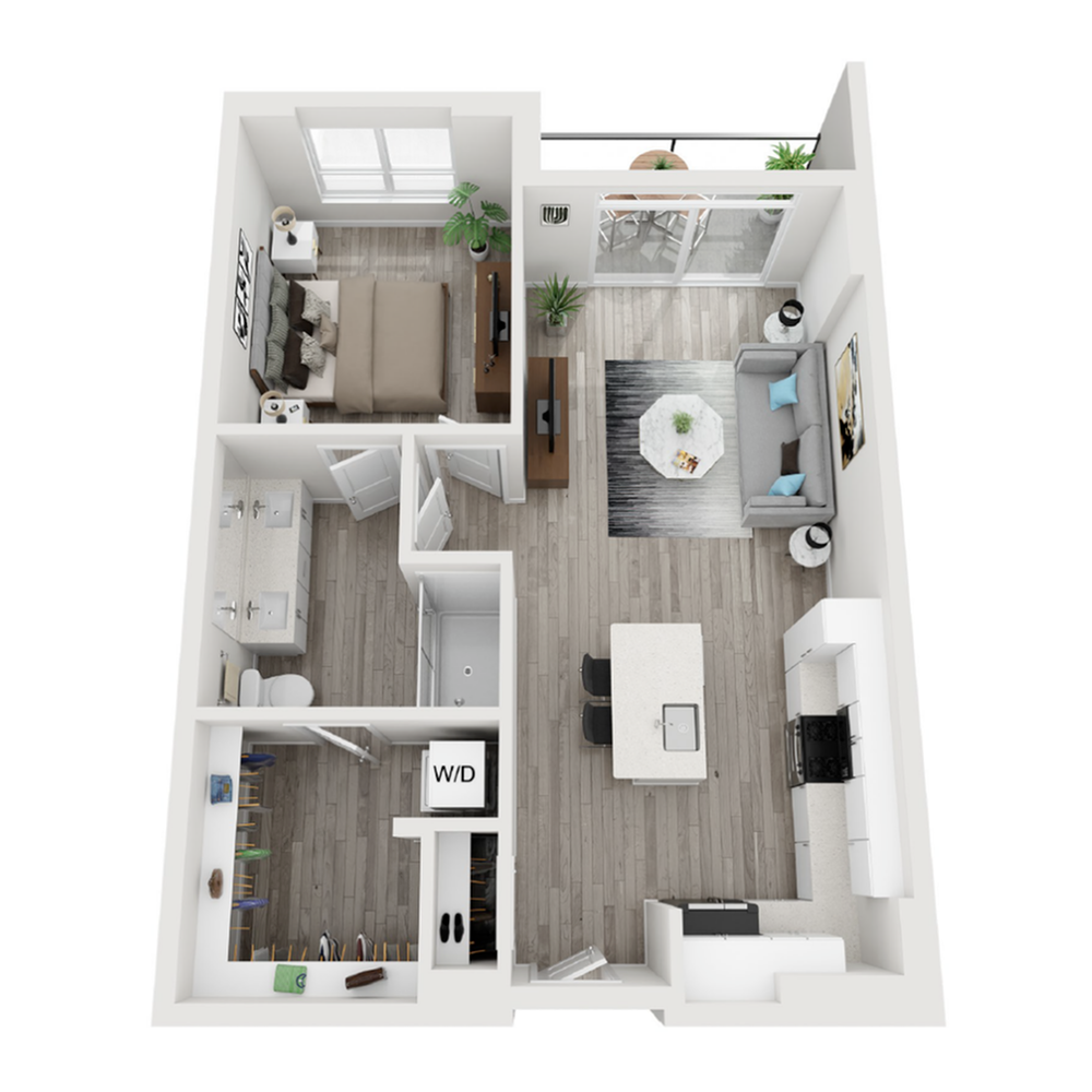 A 3D image of the A7 floorplan, a 771 squarefoot, 1 bed / 1 bath unit