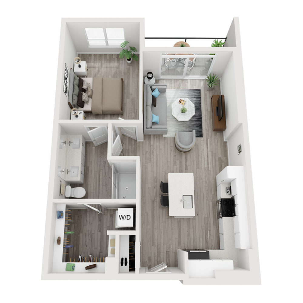 A 3D image of the A8 floorplan, a 781 squarefoot, 1 bed / 1 bath unit