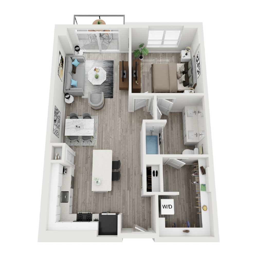A 3D image of the A9 floorplan, a 866 squarefoot, 1 bed / 1 bath unit