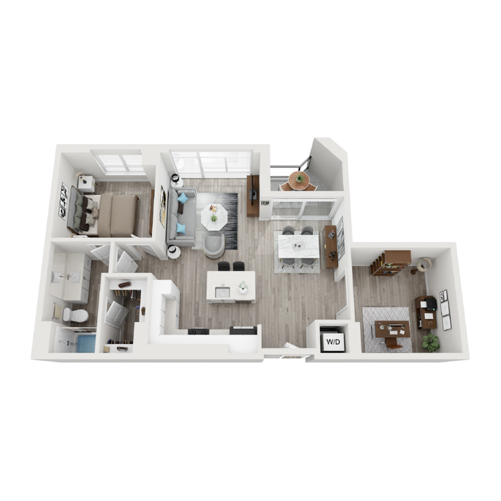 A 3D image of the A10 floorplan, a 925 squarefoot, 1 bed / 1 bath unit