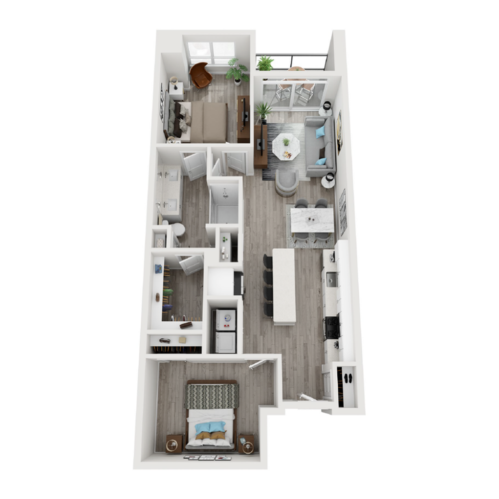 A 3D image of the A11 floorplan, a 949 squarefoot, 1 bed / 1 bath unit