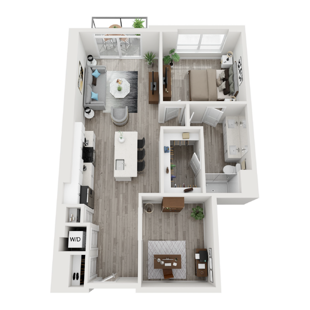 A 3D image of the A12 floorplan, a 990 squarefoot, 1 bed / 1 bath unit