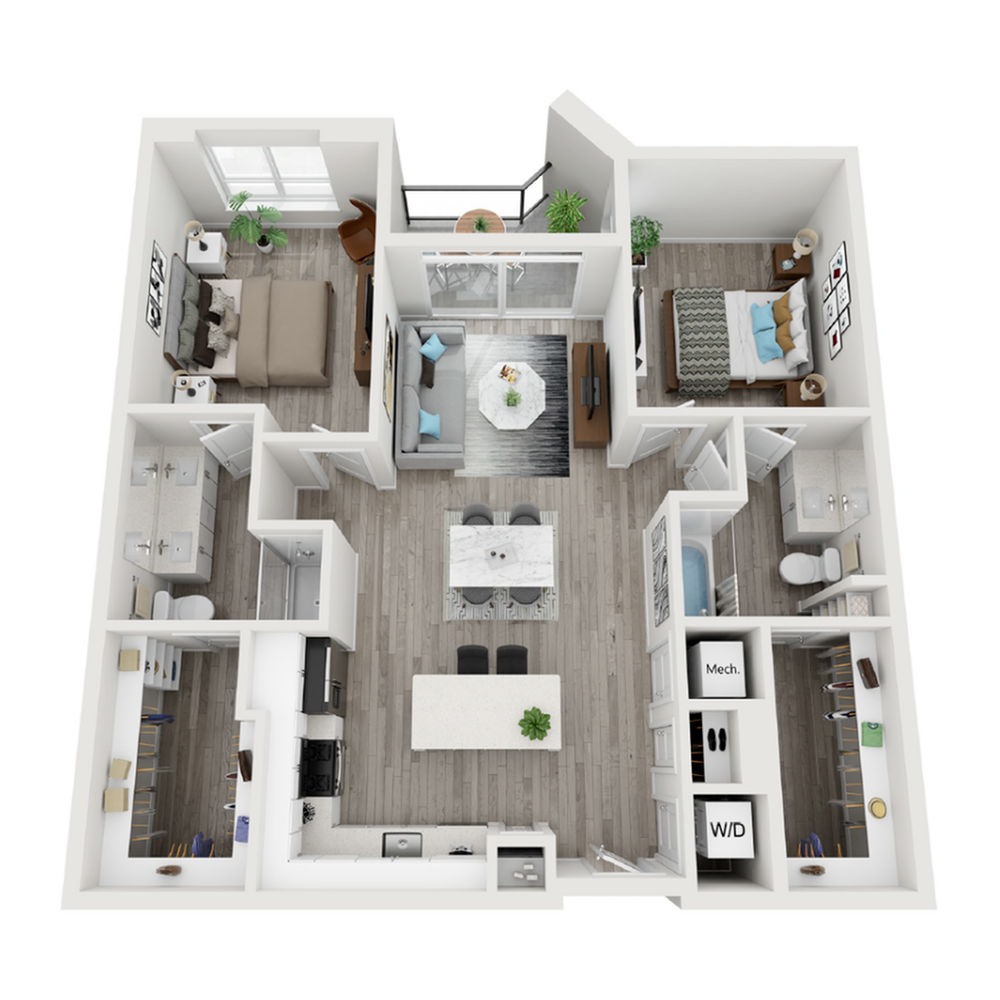 A 3D image of the B2 floorplan, a 1110 squarefoot, 2 bed / 2 bath unit