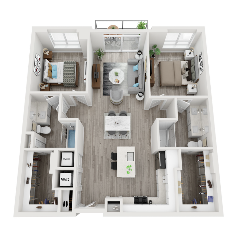 A 3D image of the B3 floorplan, a 1177 squarefoot, 2 bed / 2 bath unit