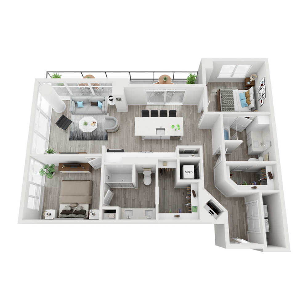 A 3D image of the B4 floorplan, a 1207 squarefoot, 2 bed / 2 bath unit