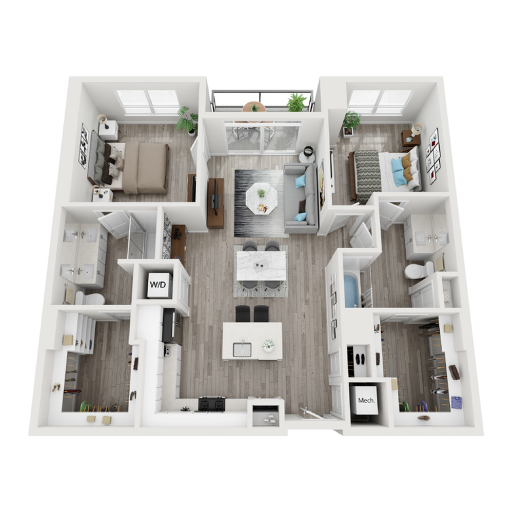 A 3D image of the B5 floorplan, a 1210 squarefoot, 2 bed / 2 bath unit