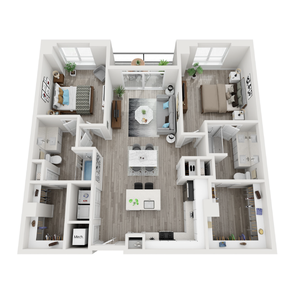 A 3D image of the B6 floorplan, a 1233 squarefoot, 2 bed / 2 bath unit