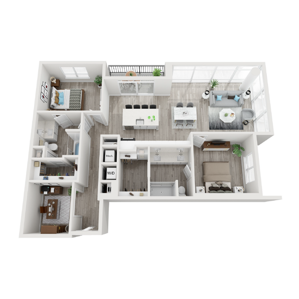 A 3D image of the B9 floorplan, a 1404 squarefoot, 2 bed / 2 bath unit