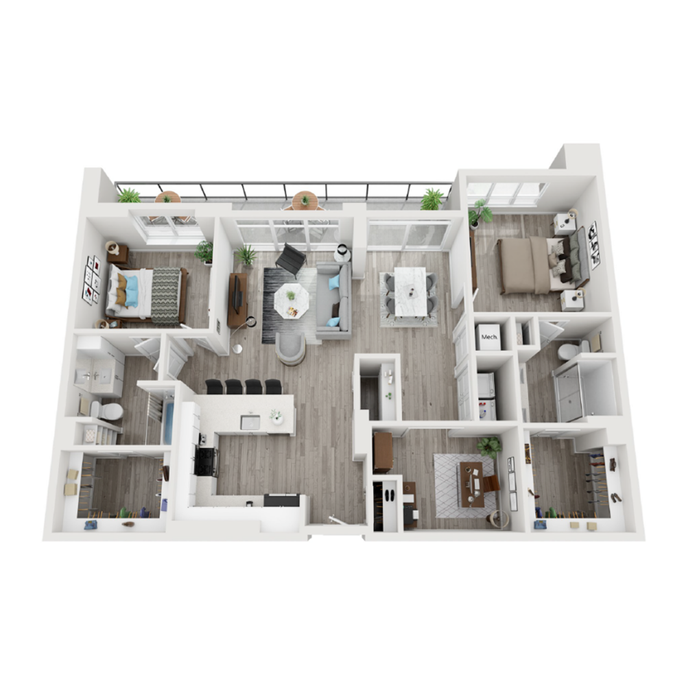 A 3D image of the B10 floorplan, a 1410 squarefoot, 2 bed / 2 bath unit