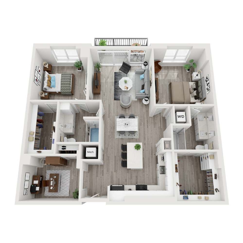 A 3D image of the B11 floorplan, a 1420 squarefoot, 2 bed / 2 bath unit