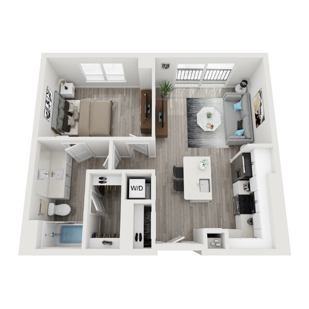 A 3D image of the A1 floorplan, a 690 squarefoot, 1 bed / 1 bath unit