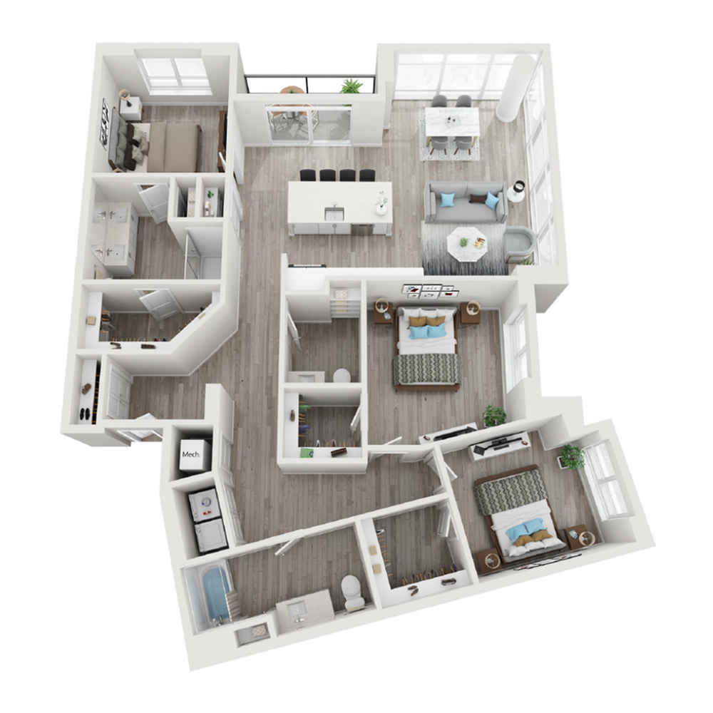A 3D image of the C1 floorplan, a 1486 squarefoot, 3 bed / 2 bath unit