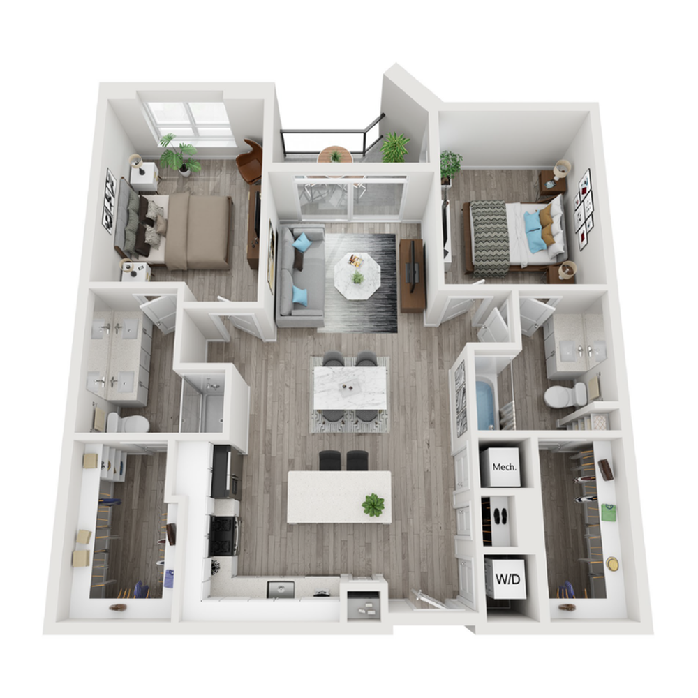 A 3D image of the B1 floorplan, a 1033 squarefoot, 2 bed / 2 bath unit